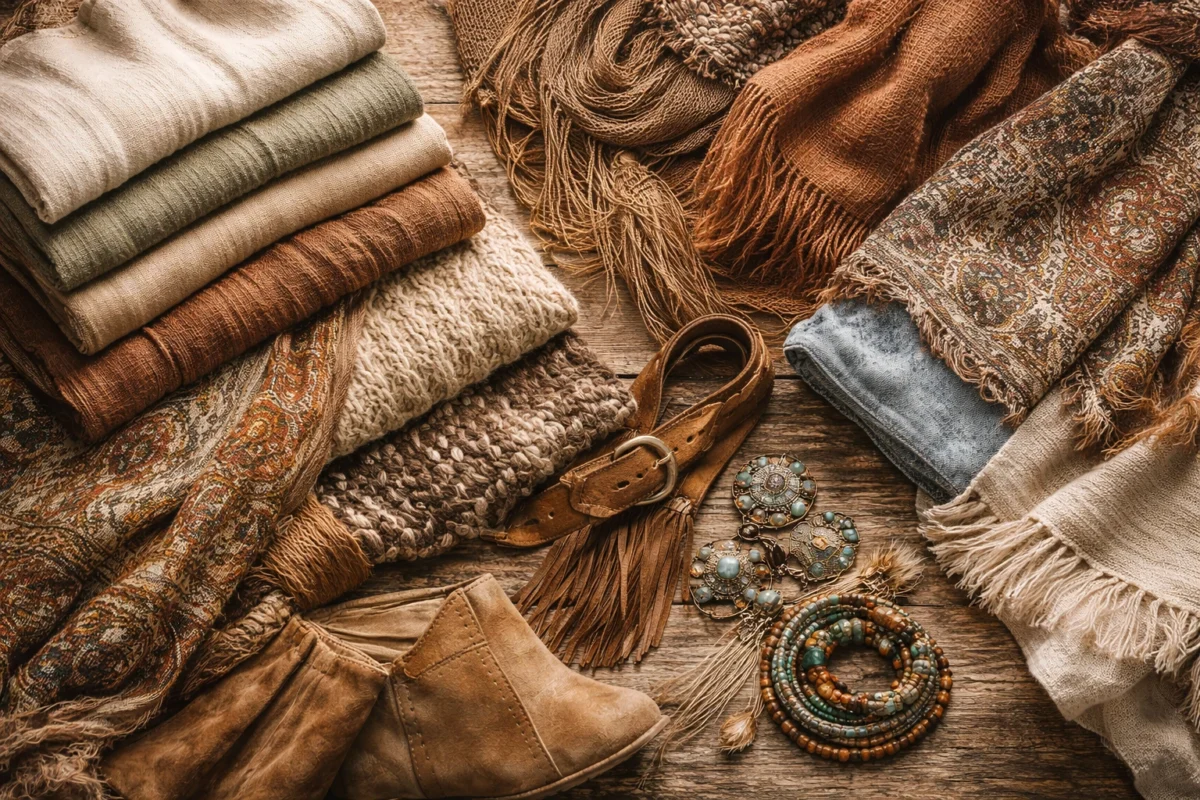 Hobo Style Materialien mit Leinen, Strick, Denim, Ethno-Muster und erdigen Farben nach der 60-30-10 Regel