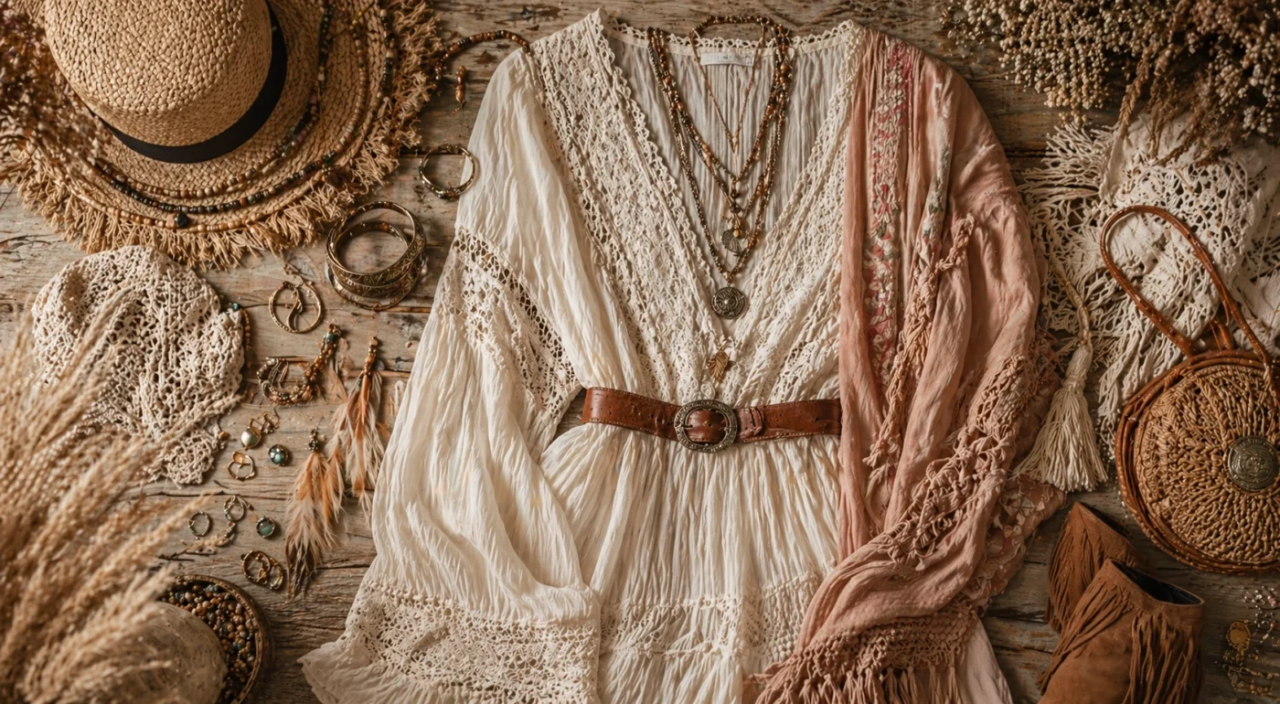 Boho Style Merkmale mit fließender Kleidung, warmen Naturfarben, Schmuck, Spitze und Boho Accessoires