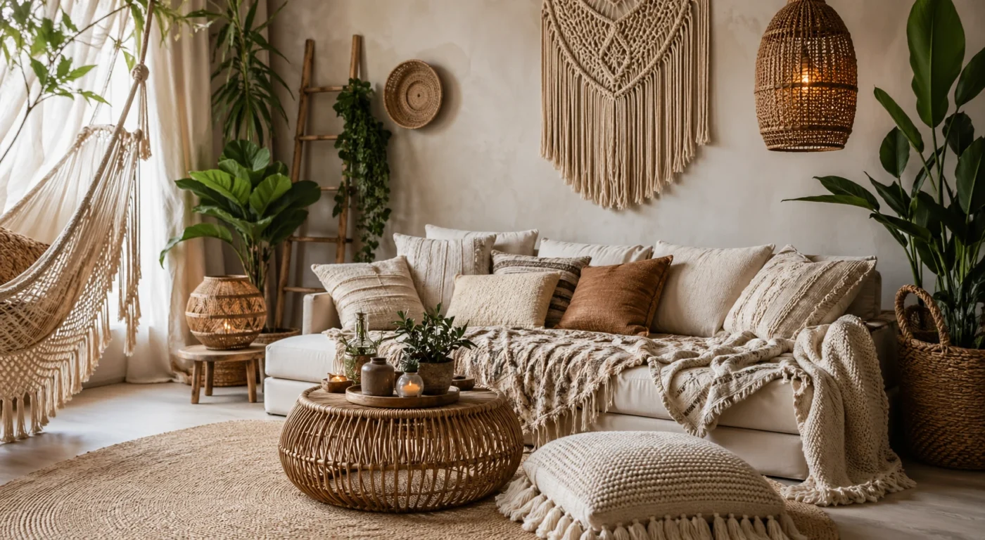 Boho Style Wohnzimmer Inspiration mit natürlichen Farben, Rattan, Makramee und gemütlicher Boho Einrichtung
