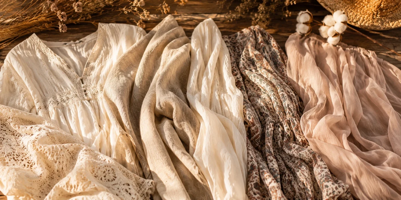 Natürliche Stoffe wie Baumwolle, Leinen, Spitze und Chiffon für ein Boho Kleid auf einem warmen rustikalen Hintergrund
