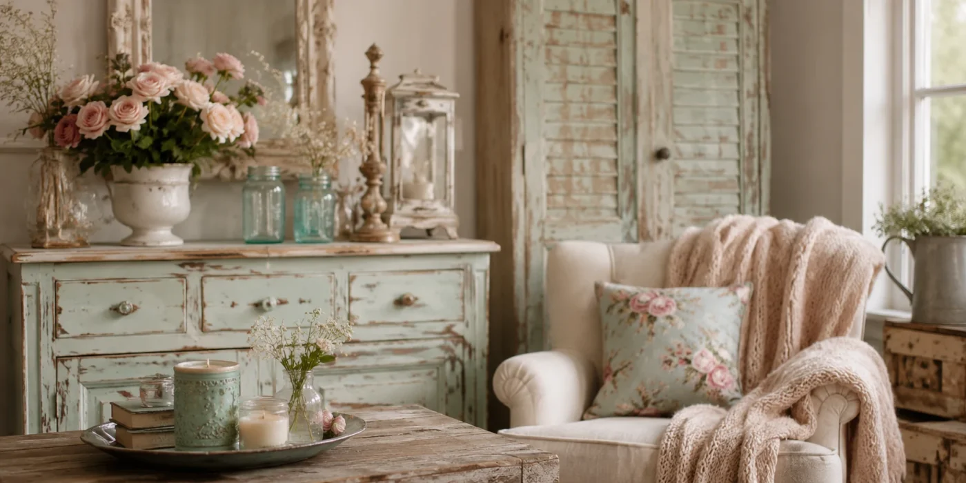 Moderner Shabby Chic Wohnraum 2027 mit Vintage Möbeln, Pastellfarben und romantischer Dekoration