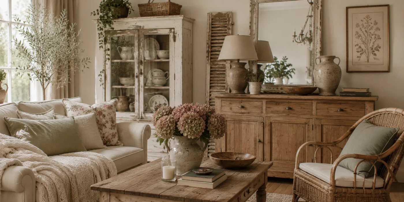 Moderner Shabby Chic Wohnraum 2027 mit natürlichen Holztönen, echter Patina, ausgewählten Vintage Möbeln und harmonischer Dekoration