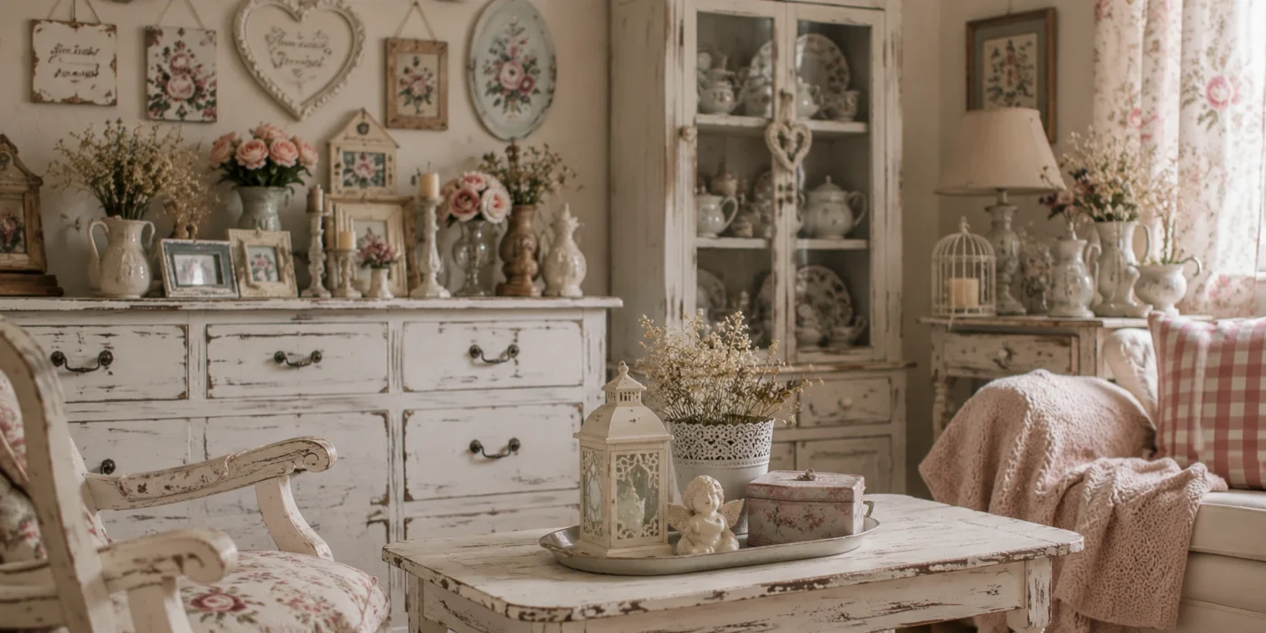 Moderner Shabby Chic Wohnraum mit ausgewogener Dekoration, natürlichen Holzmöbeln und harmonischen Farben statt überladener Vintage Einrichtung