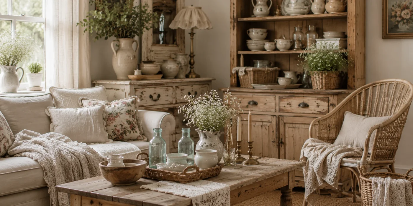 Shabby Chic Wohnzimmer mit Massivholz, Leinen, Keramik, Rattan und Vintage Möbeln im modernen Wohnstil 2027
