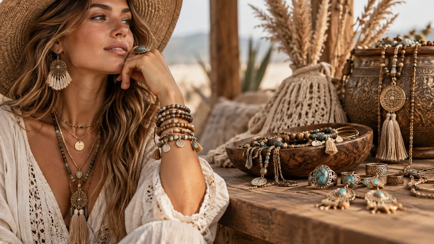 Boho-Style mit natürlichen Farben wie Beige, Creme, Terrakotta und Olivgrün in einem harmonischen Boho-Outfit