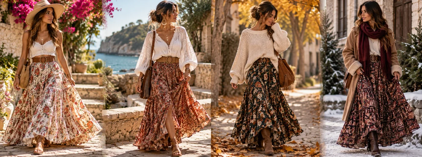 Vier Boho-Rock-Outfits für Frühling, Sommer, Herbst und Winter mit floralen Maxiröcken, leichten Blusen, Strickpullover, Mantel und passenden Schuhen.