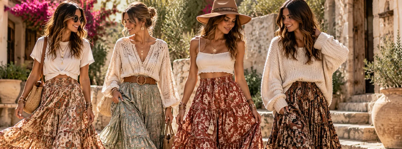 Vier Frauen kombinieren lange Boho-Röcke mit weißem T-Shirt, romantischer Boho-Bluse, Crop-Top und Strickpullover für unterschiedliche Looks.