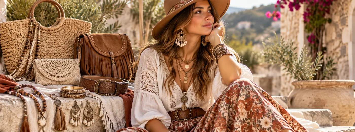 Frau mit floralem Boho-Rock, goldfarbenem Schmuck, geflochtenen Taschen und Ledergürtel im sommerlichen Boho-Stil